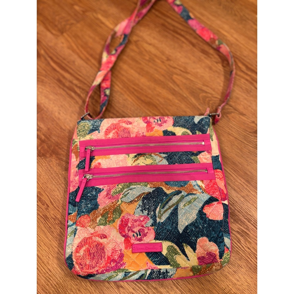 Vera Bradley Triple Zip Hipster Crossbody Bag Floral Quilted Cotton Pink Blue